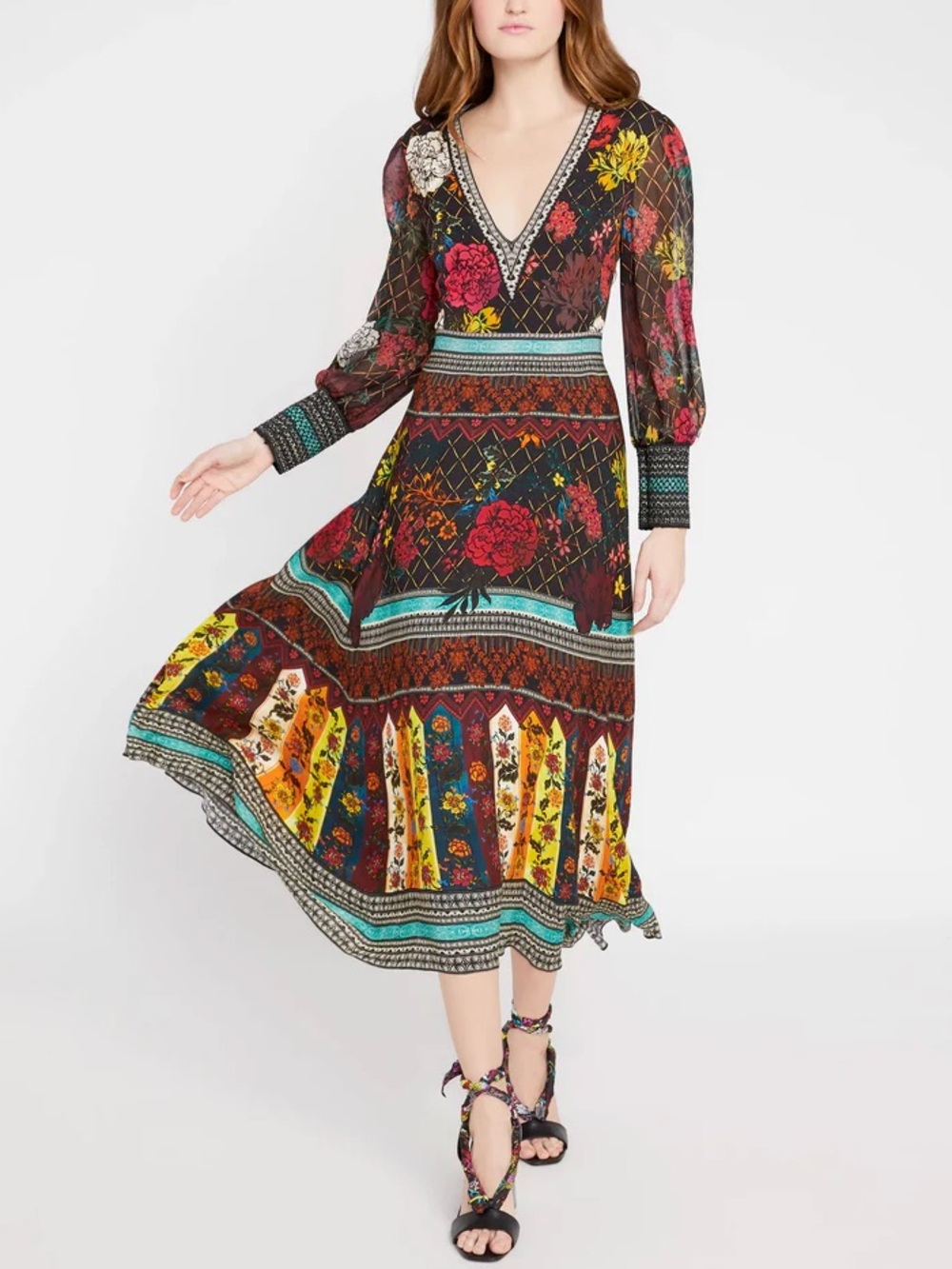Alice + Olivia Janey V-Neck Floral Long Sleeve Midi Dress 0 - Picture 1 of 8